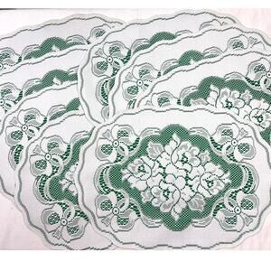 Vtg Oxford House white Lace over Green Placemats Rose and Bows Pattern Set of 8
